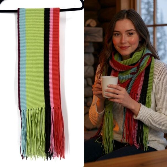 Vintage Accessories - Vintage Y2K Lambswool & Angora Rainbow Striped Fringe‎ Winter Scarf Colorful